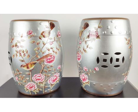 BARREL STOOLS, a pair, glazed ceramic, 46cm x 32cm approx. (2) 