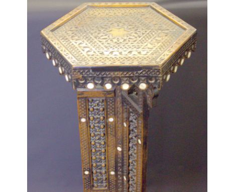 Islamic Middle Eastern Torchere Stand, Carved with A Geometric Design, Raised On A Tripod Base, Height 39 Inches