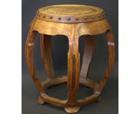 Chinese Antique Hardwood Drum Stool, Of Typical Form, Five Bow Shaped Supports With Inlaid Panels, On Splayed Out Feet, Reces