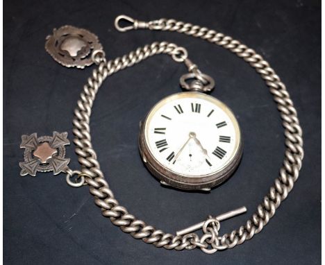 Large Silver Open Faced Pocket Watch With Double Albert And Fobs, White Enamelled Dial, Roman Numerals With Subsidiary Second