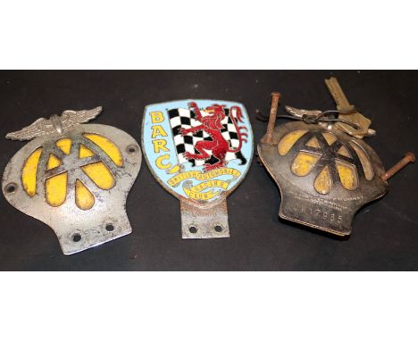 Collection Of Three Original Car Bumper Badges Comprising AA OW17985, AA 898708 &amp; BARC British Automobile Racing Club Num