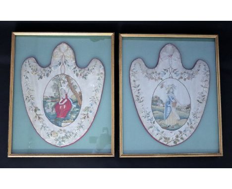 Pair Of Framed Georgian Silk Screens, Finely Worked, Each With Central Panel Depicting A Lady With Rose Garland Border 16 x 1