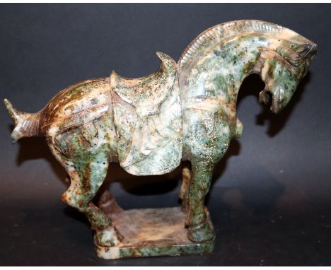 19th/20thC Jade Stone Tang Horse, Mottled Green Archaic Style Horse, Raised On A Rectangular Plinth, Height 7 Inches, Length 