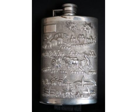 Sterling Silver Hip Flask, Embossed Decoration Depicting Farming With Elephant, Buildings etc, Looks To Be Early 20thC Burmes