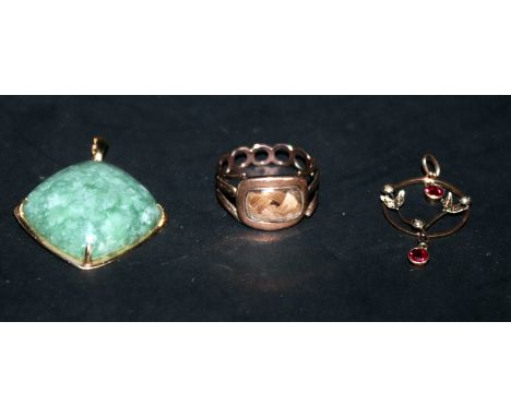 Unmarked Gold Mourning Ring With Glazed Top Enclosing Braided Hair Together With A 9ct Gold Art Nouveau Pendant And 9ct Gold 