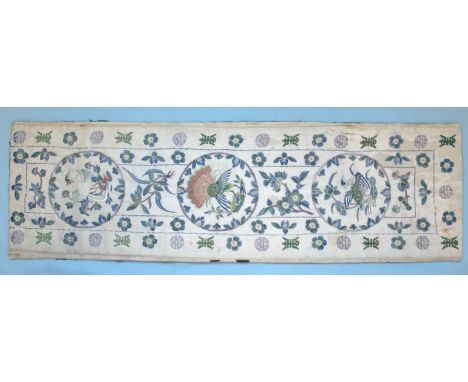 Antique Chinese Sleeve Silk Embroidered Panel Of Fine Quality Depicting Exotic Birds In Roundels With Chinese Symbols, Unfram