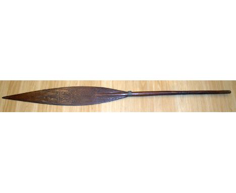 18th/19thC Maori Hardwood Paddle, Blind Fret Work Geometric Design With A Stylised Five Prong Fork Motif, Carved Bands To The