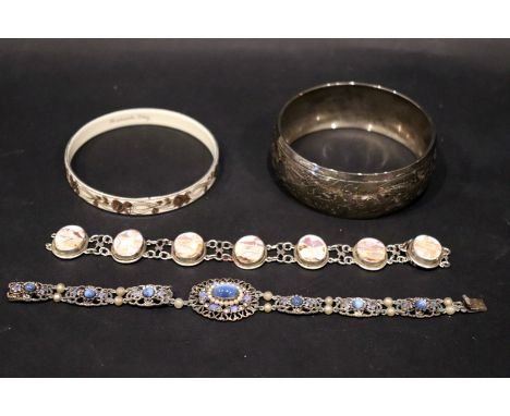 Mixed Lot Comprising An Enamelled Michaela Frey Bangle, Silver Shell Cameo Bracelet, Stone Set Bracelet And A Large White Met