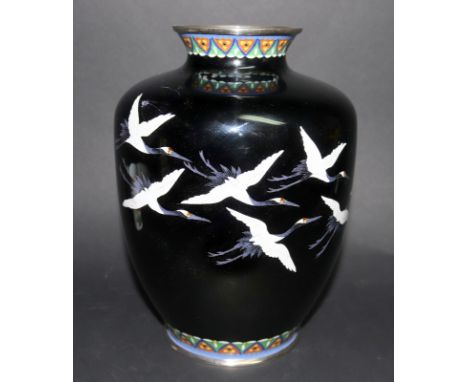 Fine Quality Japanese Cloisonne Oviform Shaped Vase, Decorated  With A Flock Of Seven Auspicious  Flying Red Capped Mandarin 