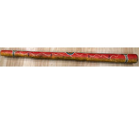 Aboriginal Didgeridoo, Decorated In Vibrant Colours With Native Figures &amp; Dot Painting, Length 47 Inches.