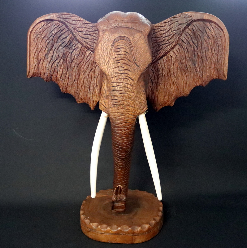 Impressive Large 1930's Teak Carved Elephants Head With Stained Wood