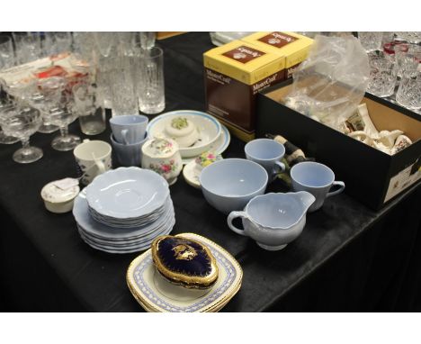 Collection of crested ware, to include pigs, clock, lighthouse, Wade whimsies, J &amp; G Meakin Celeste part tea service, two