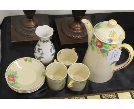 Royal Doulton Minden pattern part coffee set, consisting of coffee pot, three coffee cups and saucers, Portmeirion vase (8)