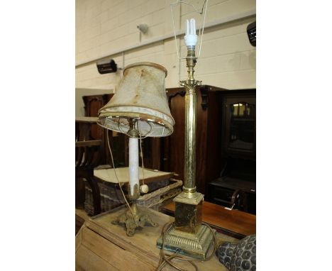 Gilt brass table lamp, with corinthian column, raised on a square foot, 66cm high excluding shade, together with a gilt metal