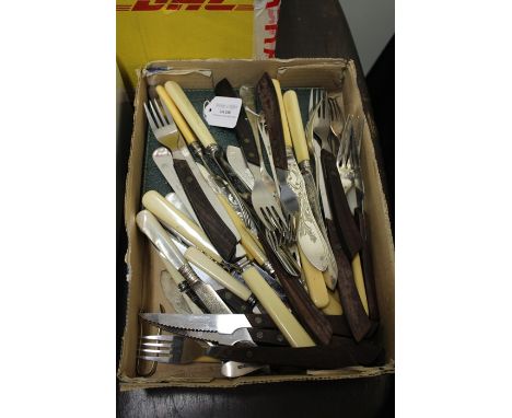 Table cutlery to include set of six tea knives with mother of pearl handles and silver collars, set of five fruit knives and 