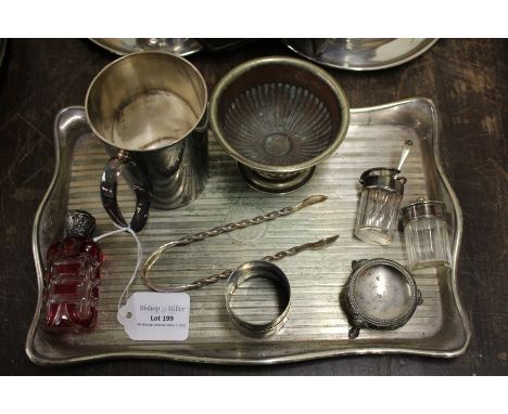 Plated wares, to include dressing table tray, mug, bowl, scent bottle with ruby and clear glass body, napkin rings, pair of s