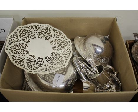 Silver plated ware, to include two tureens and covers with detachable handles, muffin dish and cover, nut crackers and pick, 