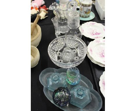 Glassware, to include an Art Deco style blue frosted glass tray and candlesticks, Selkirk paperweight, small twisted vase, ca