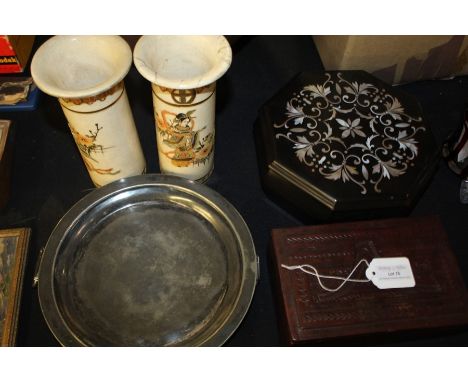 19th Century pewter warming plate, together with a leather bound box, an octagonal box with mother of pearl inlay and a pair 