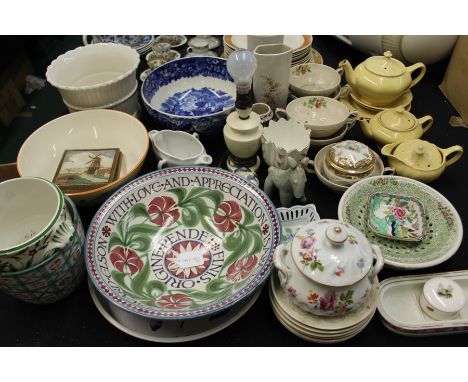 Porcelain, to include Clarice Cliff style bowl, J&amp;G Meakin tea pots, Coalport, Booths, two Dutch Delft tiles, studio pott
