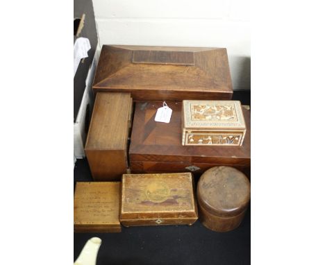 Boxes to include 19th Century tea caddy, work box, miniature chest of drawers, Egyptian bone and mother of pealr inlaid box e