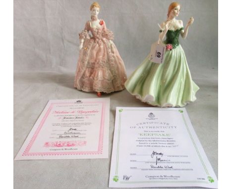 A Royal Worcester figurine 'Keepsake', together with a Coalport figurine 'Madame De Pompadour', each with certificate. Condit