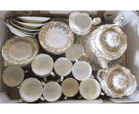 A Copeland Garrett white and gilt decorated tea set, comprising: teapot, milk jug, twin handled sugar bowl, cake plates, cups