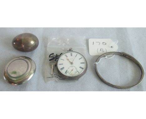 A hallmarked salt in the form of an egg, a hallmarked cased fob watch, hallmarked bangle and a hallmarked tool box.