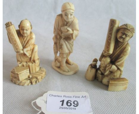 A Japanese Meiji period carved ivory Okimono of a fisherman, together with two others depicting carpet sellers.