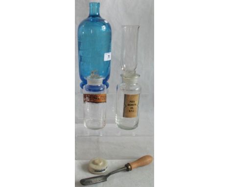 A collection of chemists' bottles and other related items. Condition Report: Syphon, overall condition good. Script reads J&a