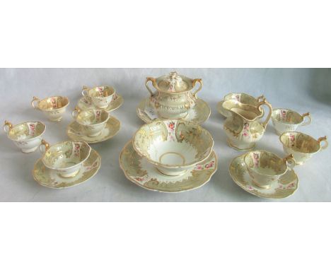 A quantity of Davenport china with gilt and floral decoration, on a white ground, comprising: twin handled sugar bowl, cake p