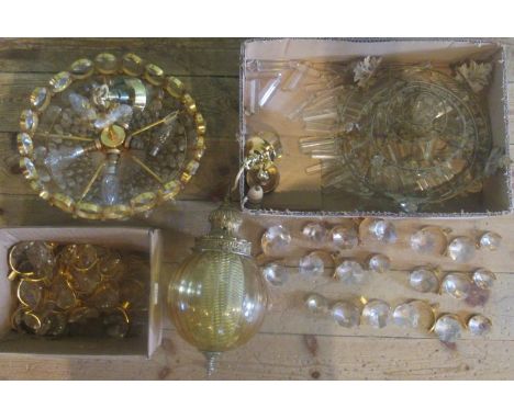 A gilt and glass hanging ceiling light, together with two chandeliers and fitments.