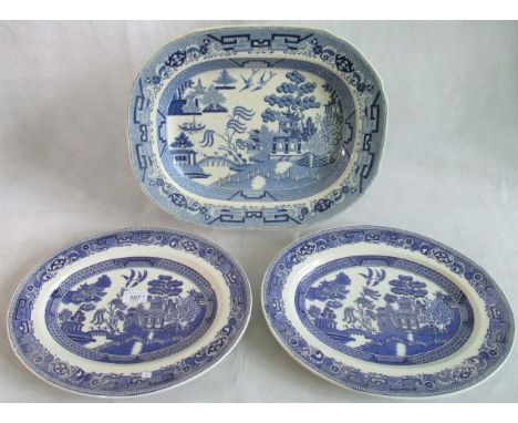 Three blue &amp; white meat plates.