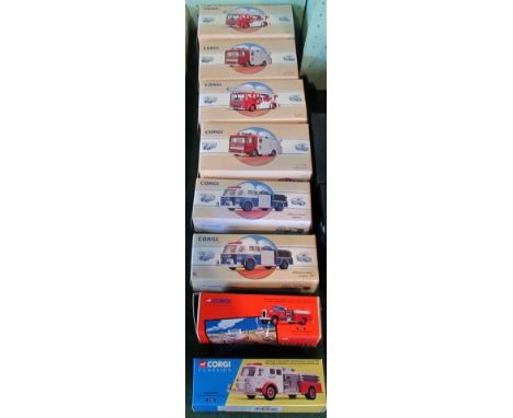 A collection of eight various Corgi fire engines (boxed).
