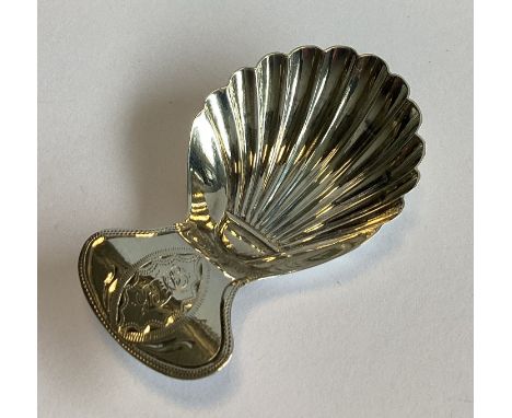 ANN & WILLIAM BATEMAN. A good Georgian silver caddy spoon with bright-cut decoration to fluted bowl. Approx. 7 grams. 