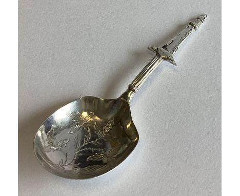 An unusual silver caddy spoon with bright-cut bowl to lighthouse finial engraved to reverse 'Eddystone Lighthouse'. Birmingha