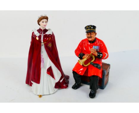 Two ceramic figures comprising Royal Doulton HN2484 Past Glory and Royal Worcester Queen Elizabeth II 80th Birthday, largest 