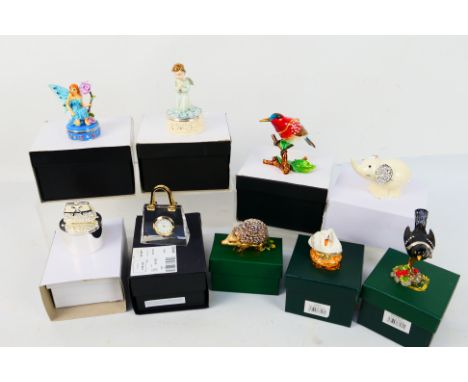 A collection of nine boxed enamel and similar trinket boxes, animal form and other. [W]