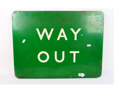 A vintage green and white enamel sign Way Out, approximately 46 cm x 61 cm. [W]