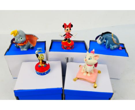 Disney - Five boxed enamel character trinket boxes comprising Eeyore, Dumbo, Marie, Jiminy Cricket and Minnie Mouse, largest 