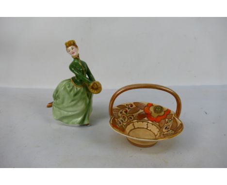 A Charlotte Rhead Bursley Ware pottery basket with stylised floral decoration and a Royal Doulton figure Grace # HN2318, appr