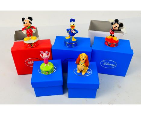Disney - Five boxed enamel character trinket boxes comprising Mickey Mouse (Christmas), Donald Duck, Mickey Mouse, Piglet and