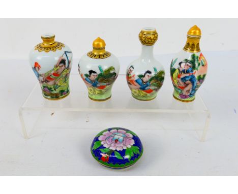 Four ceramic snuff bottles decorated with erotic scenes and a small cloisonne pot and cover. [W]