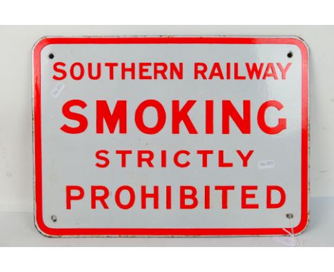 A Southern Railway enamel sign Smoking Strictly Prohibited, approximately 30 cm x 42 cm. [W]
