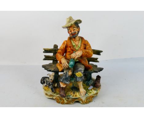 A capodimonte figure group depicting a man sat on a bench with a dog at his feet, approximately 34 cm (h). [W]