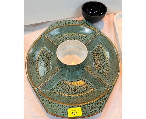 A 1960's Poole hors d'oeuvre dish in mottled green and brown, length 40cm; a Wedgwood bowl 
