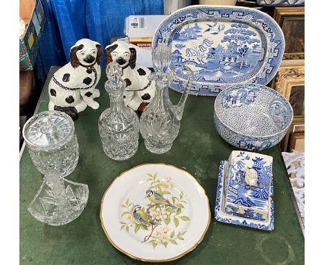 A pair of Staffordshire lustre dogs, Adams bowl, blue and white meat plate, cut glass Spode plate etc 