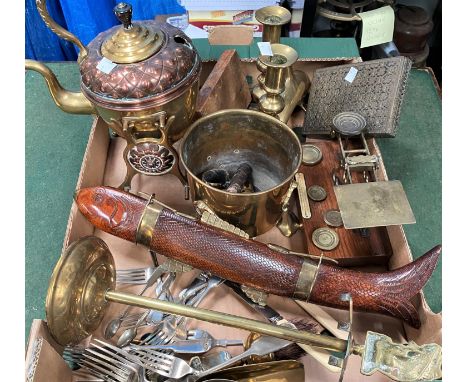 A set of brass postage scales with weights and other brassware, cutlery etc. 