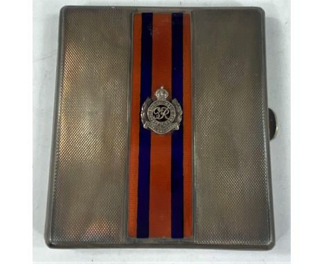 A hallmarked silver cigarette case, engine turned with red and blue enamel decoration and Royal Engineers crest, Birmingham 1