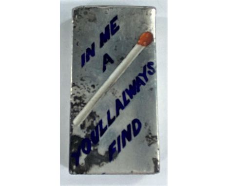 A hallmarked silver rectangular vesta case with enamelled match and inscription "In me you'll a match find", London 1888 Some